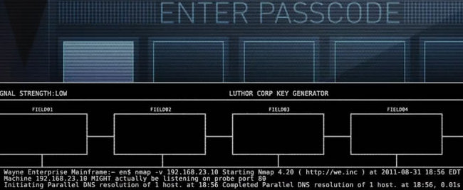 Batman runs Nmap on the Wayne Enterprise Mainframe.