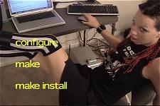 On-screen text reads 'configure; make; make install'